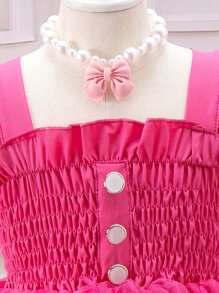 SHEIN Vestido De Mariposas Para Jóvenes Con Aplicación De Mariposa Y Diferentes Tejidos Con Dobladillo Con Volantes - Rosa Fucsia - Ver 3