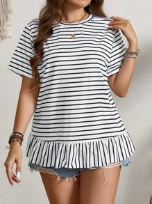 SHEIN LUNE 大尺碼條紋休閒T卹，後開叉和荷葉邊裝飾，適用於春夏季節 - 黑與白 - 查看 4