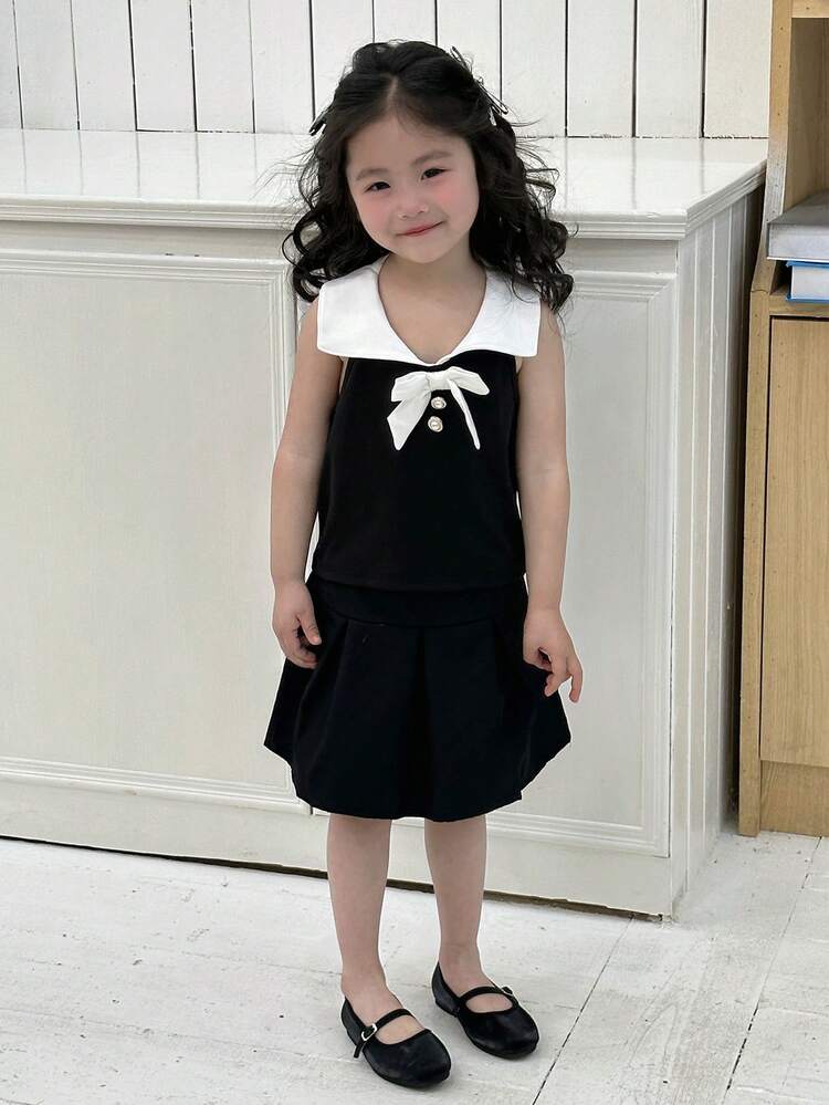 Young Girls' Patchwork Collar & Bow Decor Top And Skirt Set