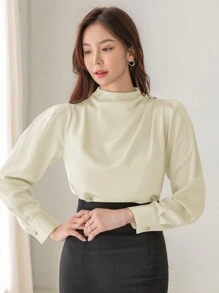 DAZY Women Solid Color Pleated Long Sleeve Shirt - Beige - View 3