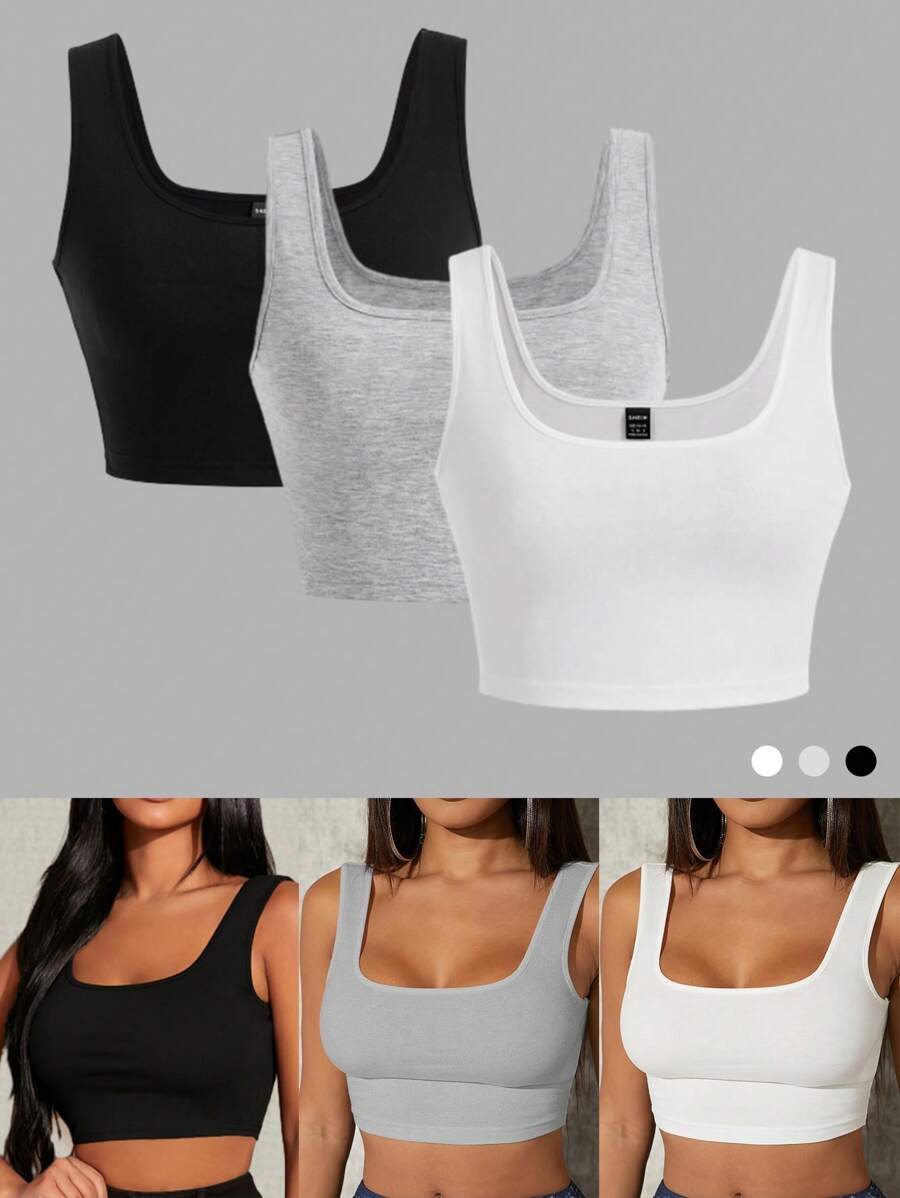 SHEIN SXY 3件套女士夏季纯色修身短款上衣，简约百搭，适合多种场合。 - 彩色 - 查看 1