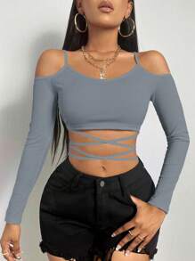 SHEIN Slayr Women's Solid Color Rib Knit Off-Shoulder Cross Straps Cropped Top - Grey - View 1