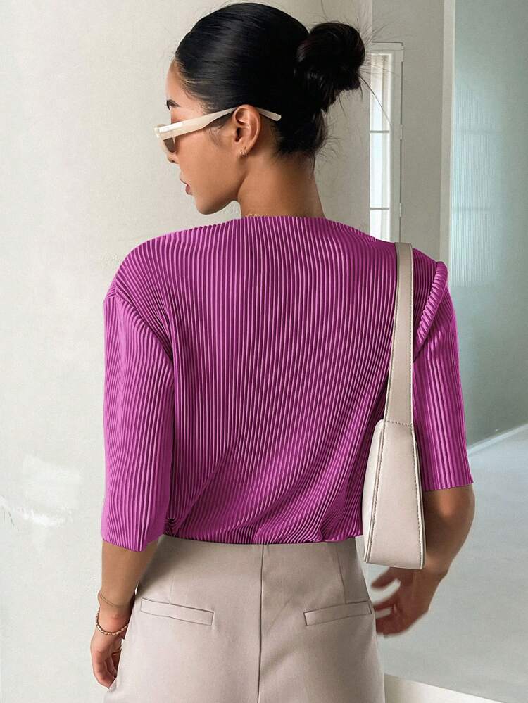 Women's Solid Color Pleated Short Sleeve T-Shirt