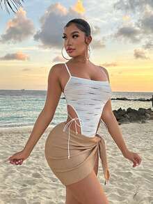 SHEIN SXY 侧系带针织纹理中长裙，完美适用于夏季度假、海滩、休闲、仙气飘逸、性感、波西米亚风、生日、单身派对等场合。是女性的理想之选。 - 卡其色 - 查看 3