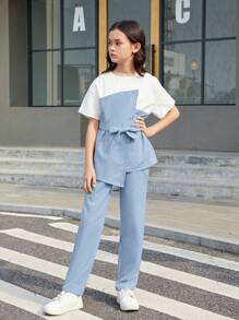 SHEIN 青少年女孩城市時尚短袖拼接上衣配純色長褲運動休閒2件套裝，春夏 - 淺藍色 - 查看 5