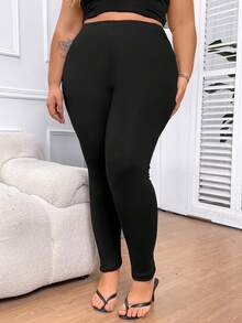 SHEIN CURVE+ Plus Size Solid Color Pleated Drawstring Pocket Leggings - Black - View 2