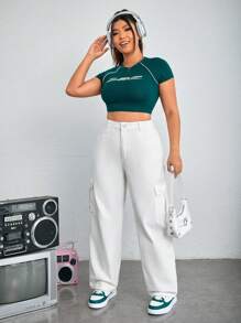 SHEIN ICON 大尺碼女式實用直筒牛仔褲 - 白色 - 查看 4