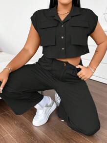 Flirla Ensemble de deux pièces avec chemise sans manches ample grande taille et pantalon décontracté avec plusieurs poches - Noir - Voir 7