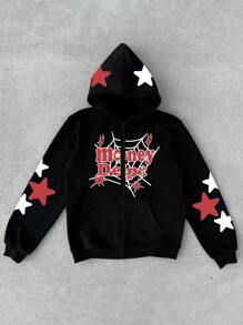 Manfinity Roghcode Men's Letter & Star Print Fleece Hooded Zip-Up Sweatshirt - Black - View 7