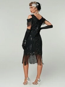 女式拼接流苏露肩短袖 1920 年代复古亮片派对礼服优雅鸡尾酒半正式舞会婚礼宾客礼服，适合生日、毕业典礼、晚宴、返校节