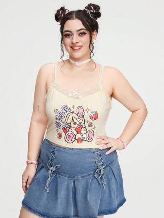 Lemon Design Plus Size Cartoon Printed Lace Patchwork Casual Summer Camisole Top