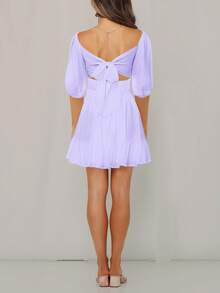Solid Color Square Neckline Puff Sleeve Waist-Tied Dress, Summer - Mauve Purple - View 5