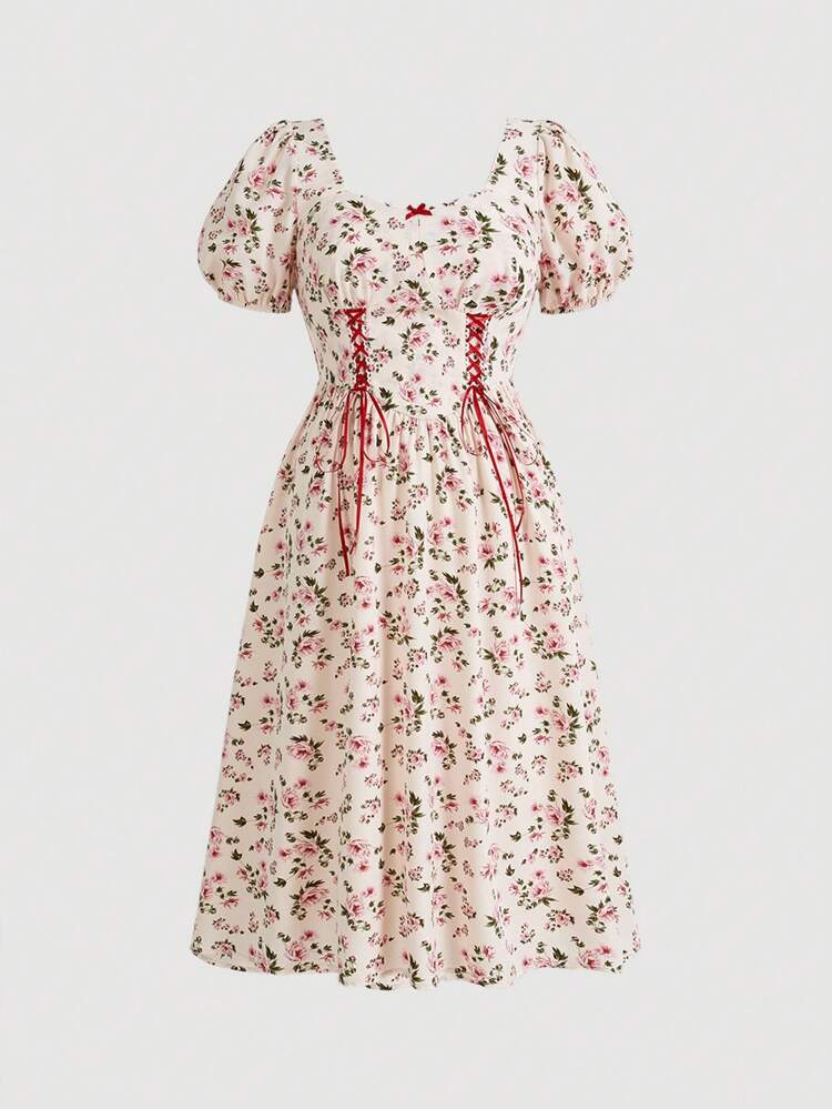 Plus Size Women's Summer Vacation Style Printed Dress With Color Contrast Ribbon Belt