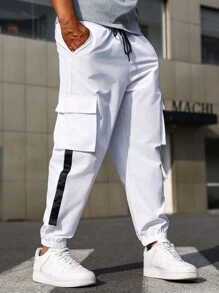 Manfinity Homme Pantalon cargo simple à blocs de couleurs pour homme grande taille, pantalon blanc de sortie pour porter au quotidien, cadeau pour mari ou petit ami, pour l'automne - Blanc - Voir 5