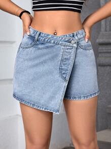 SHEIN ICON 女性夏季休閒不對稱包覆式牛仔短褲 - 淺色水洗藍 - 查看 1