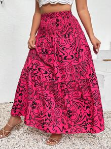 SHEIN Franclia 大尺碼抽象印花度假休閒裙，具有彈性腰帶和褶邊擺。 - 紅色 - 查看 5