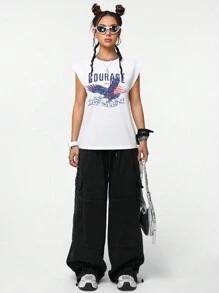 Muchica 復古西部風格老鷹圖案短袖圓領T恤，非常適合夏季音樂節 - 白色 - 查看 6