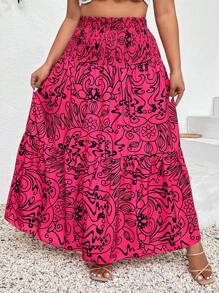 SHEIN Franclia 大尺碼抽象印花度假休閒裙，具有彈性腰帶和褶邊擺。 - 紅色 - 查看 4