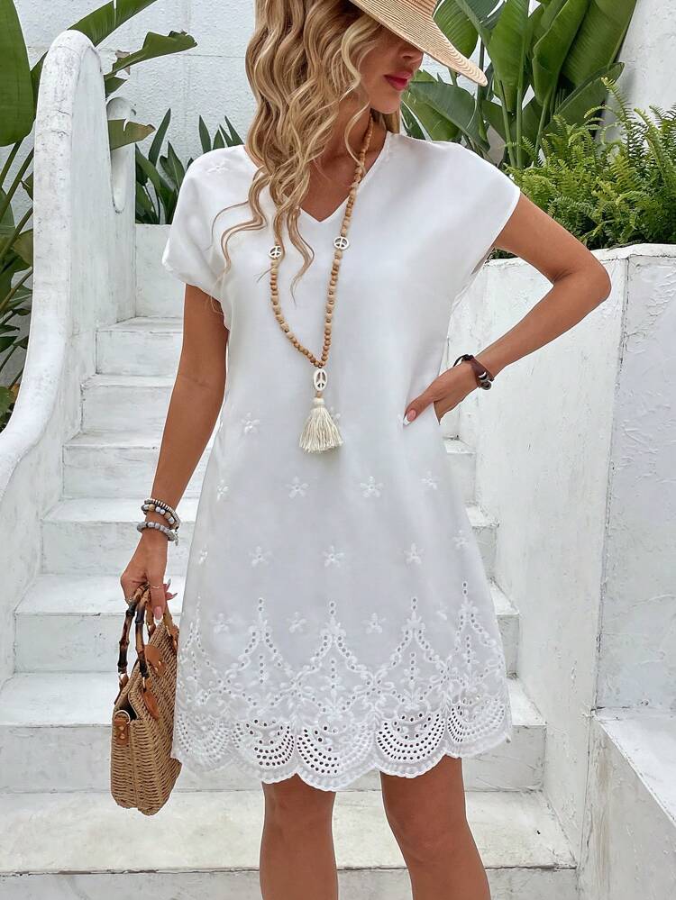 Ladies' Embroidery V-Neck Tie And Hollow Out Dress For Summer