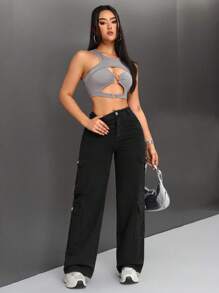 SHEIN PETITE Pantalones Vaqueros De Utilidad De Pierna Recta De Color Sólido - Negro - Ver 3