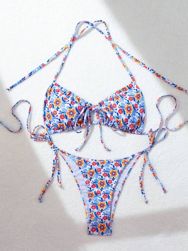 Women's Ditsy Floral Bikini Set Halter Bra & Side Ties Bikini Set Bottom Bikini Set For Summer Beach