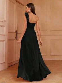 SHEIN Belle 不对称领口荷叶边 A 字型无袖伴娘礼服（成人）女士正式舞会礼服，黑色优雅舞会晚会婚礼宾客礼服，适合毕业典礼、晚宴派对礼服 - 黑色 - 查看 2