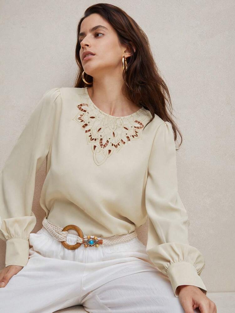 Elegant Reading Hollow Embroidery Women Beige Round Neck Fitted Shirt