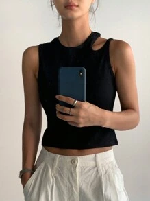 DAZY Women Solid Color Asymmetrical Hollow Out Cropped Tank Top For Summer - Black - View 7