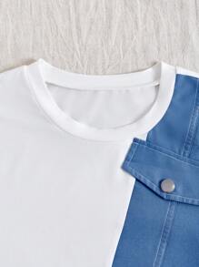 SHEIN LUNE Women Spring/Summer Casual Color Block Short Sleeve Top & Cargo Pants Two-Piece Set - Blue and White - View 6