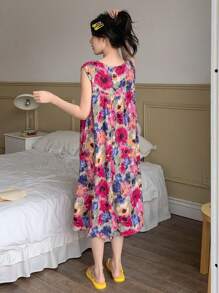 DAZY Women Summer Floral Print Round Neck Sleeveless Nightgown Pajama, Moo Moo Sleep Dress