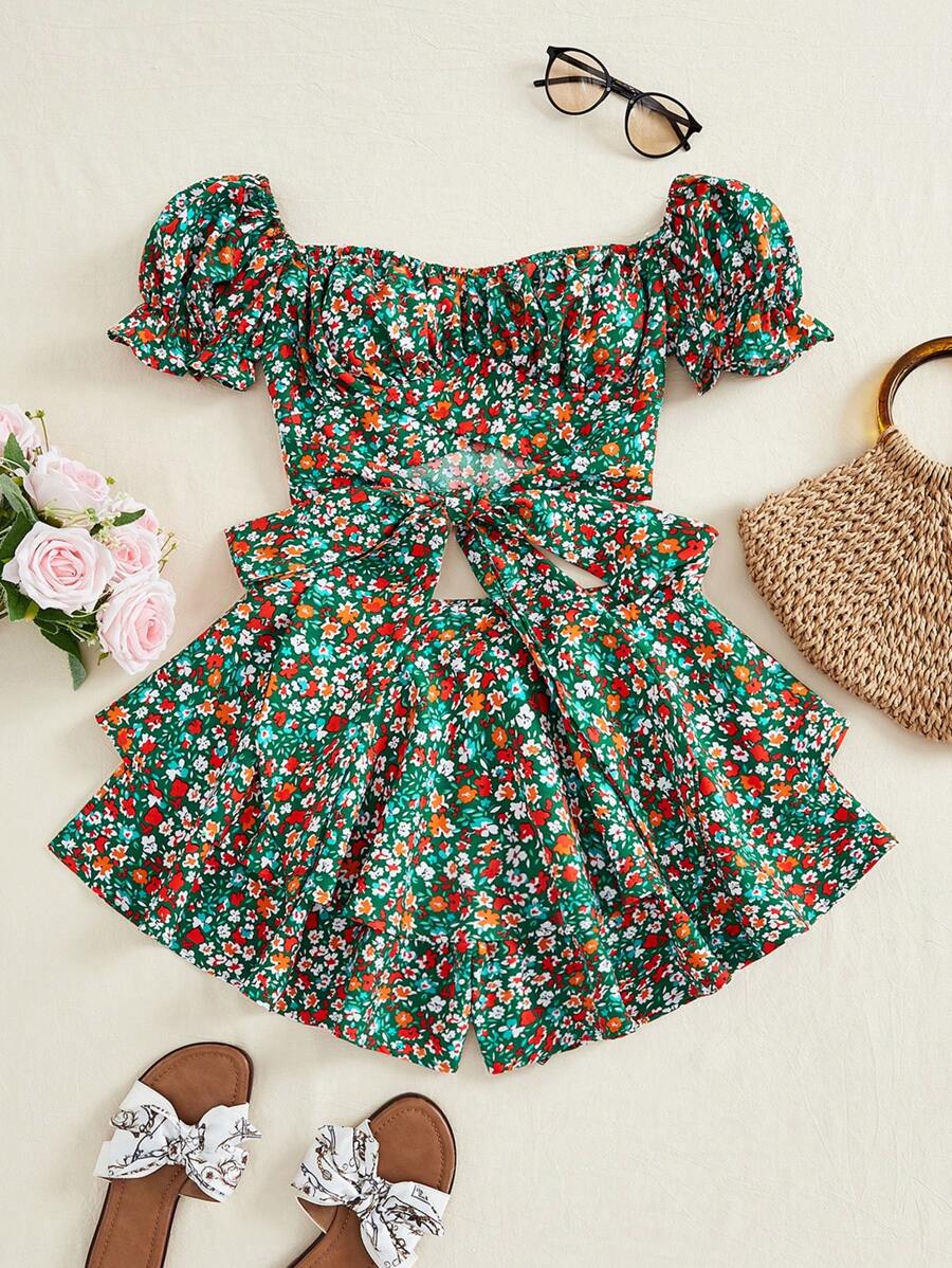 SHEIN Unity 花卉印花Henley領蓬袖上衣配後扣和多層裙擺套裝 - 彩色 - 查看 1