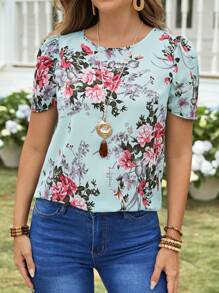 EMERY ROSE Women Round Neck Casual Flower Print Shirt,Short Sleeve Tops - Multicolor - View 5