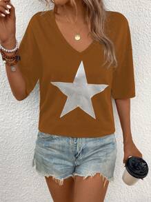 SHEIN LUNE Women's Summer Casual V-Neck Short Sleeve T-Shirt With Star Print