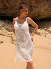 SHEIN Swim Summer Women Beach Vacation Solid Color Lace See-Through Cami Cover-Up