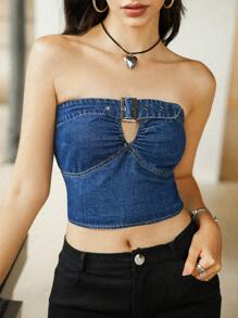 Aveloria Affinna 夏季荷葉邊無肩丹寧短上衣