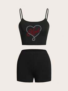 SHEIN Essnce 心形設計性感細肩帶短褲緊身女士連衣裙二件套 - 黑色 - 查看 2