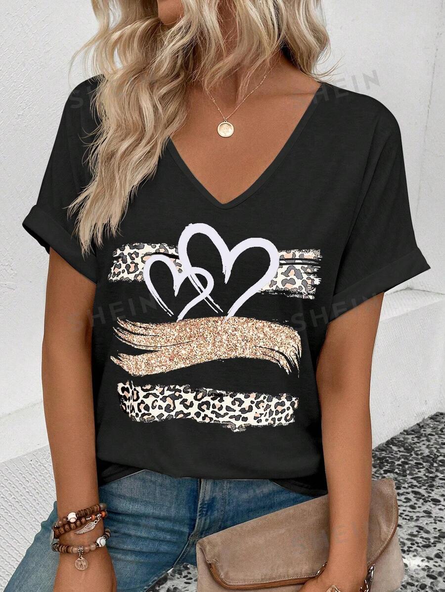 INAWLY Camiseta De Manga Corta Con Cuello En V Con Estampado De Corazones Y Leopardo