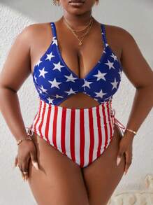 SHEIN Swim Curve Plus Size Summer Beach Americana Printed Drawstring Side Cutout Front One-Piece Swimsuit - Multicolor - View 1