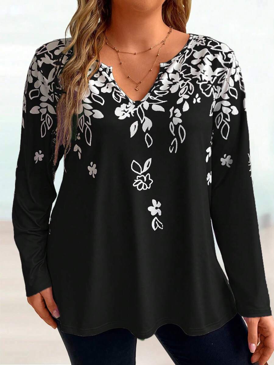 EMERY ROSE 女裝大碼花卉印花長袖t恤 - 黑色 - 查看 1
