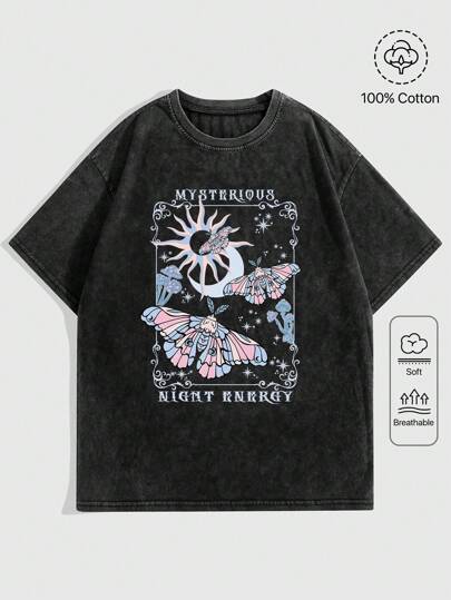 Fairycore Random Butterfly And Sun & Moon Element Print Snow Washed T-Shirt For Summer Casual Wear, School