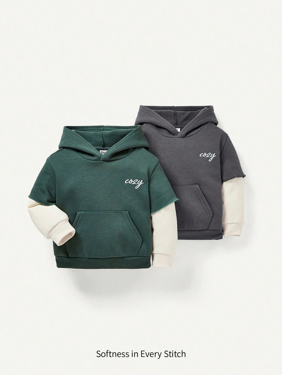 Infant Boys' Letter Embroidered Hooded Color Contrast Sweatshirt Set - Green - View 1