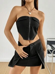 SHEIN Unity 撞色拼接露肩短款上衣和紧身裙两件套 - 黑色 - 查看 4