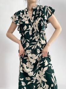 Mulvari Women's Floral Printed Notched Neckline Dress