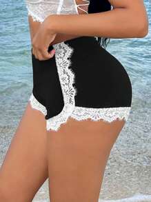 SHEIN SXY Shorts base ajustados con cordón elástico y encaje seductor - Blanco y Negro - Ver 4
