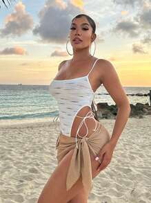 SHEIN SXY 侧系带针织纹理中长裙，完美适用于夏季度假、海滩、休闲、仙气飘逸、性感、波西米亚风、生日、单身派对等场合。是女性的理想之选。 - 卡其色 - 查看 1