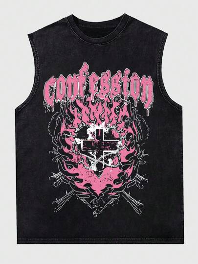 Street Life Men Vintage High Street Summer Washed Tank Top, School, 2000s Style