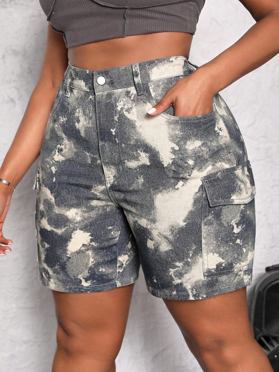 SHEIN SXY Plus-Size Nữ Ngụy trang Túi Hàng Thiết kế Quần short Denim thông thường - Nhiều màu - Xem 1
