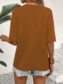 SHEIN LUNE Women's Summer Casual V-Neck Short Sleeve T-Shirt With Star Print