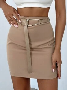 RueChic Solid Belted Bodycon Skirt - Brown - View 5