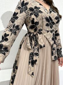 Modelyn Plus Size Women's Spring Summer Floral Printed Overlapping V-Neck Long Sleeved Ruffled Hem Dress Maxi Women Outfit Long Evening Dresses Fall Cloth For Women